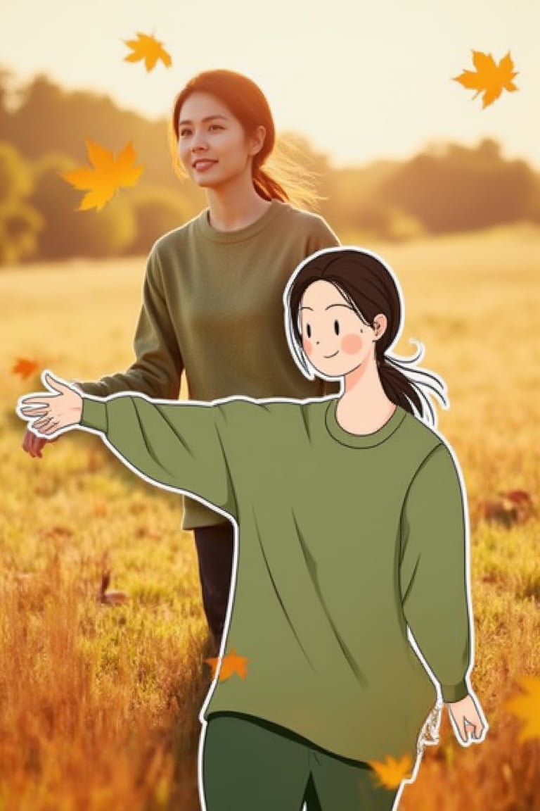 vecportrait of woman wearing a soft green sweater, autumn leaf, maple, walking through an open field, her arms outstretched as she enjoys the cool autumn breeze. Overlapping with the image, there is a vector illustration of the same woman.