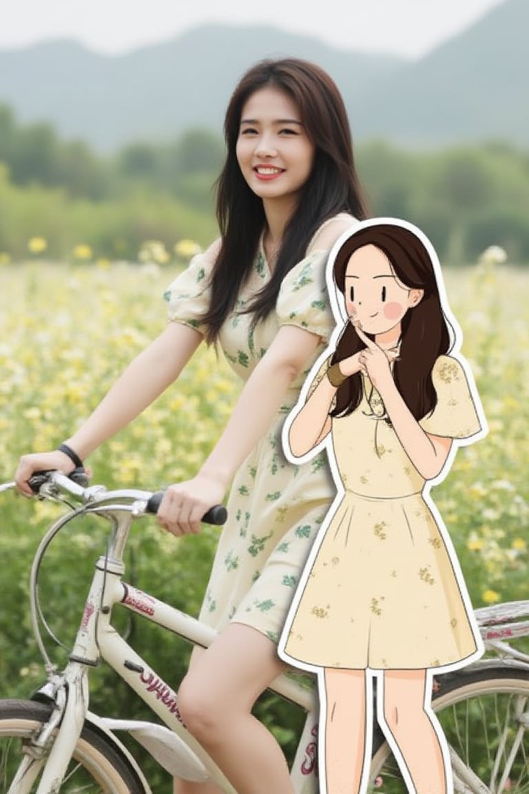 A Vietnamese woman in a cute summer dress, riding her bicycle through a flower field. Overlapping with the image, there is a vector illustration of the same woman.