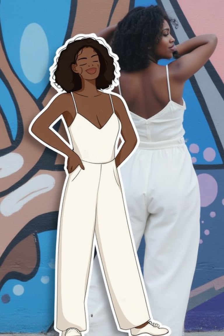 An African woman in a minimalist white jumpsuit, confidently posing in front of a sleek urban mural, with a soft smile. Overlapping with the image, there is a vector illustration of the same woman