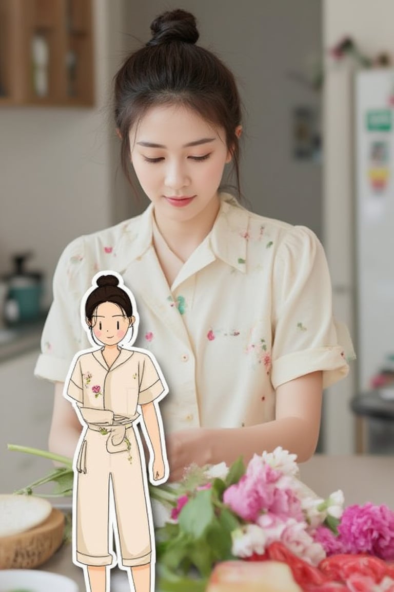 A Thai woman in a cute pastel jumpsuit, carefully arranging flowers in her kitchen. Overlapping with the image, there is a vector illustration of the same woman.