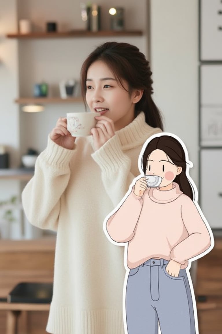 A Korean woman in a pastel-colored oversized sweater, standing in a minimalist coffee shop, sipping tea with a thoughtful gaze. Overlapping with the image, there is a vector illustration of the same woman.