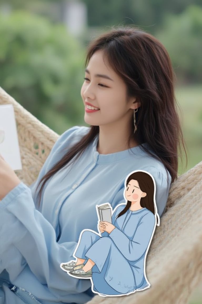 A Filipina woman in a light blue blouse, enjoying a book while lounging in a hammock. Overlapping with the image, there is a vector illustration of the same woman.