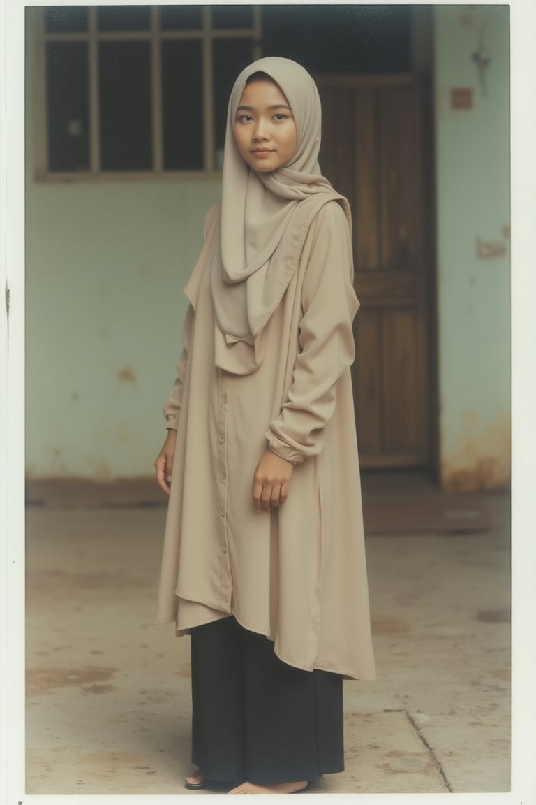 A candid shot of a Malay woman wearing a plain hijab, casually dressed in a loose abaya and black pants. The image is captured in a Polaroid style, with soft, natural lighting. The composition focuses on her relaxed pose, standing in a simple, everyday setting.