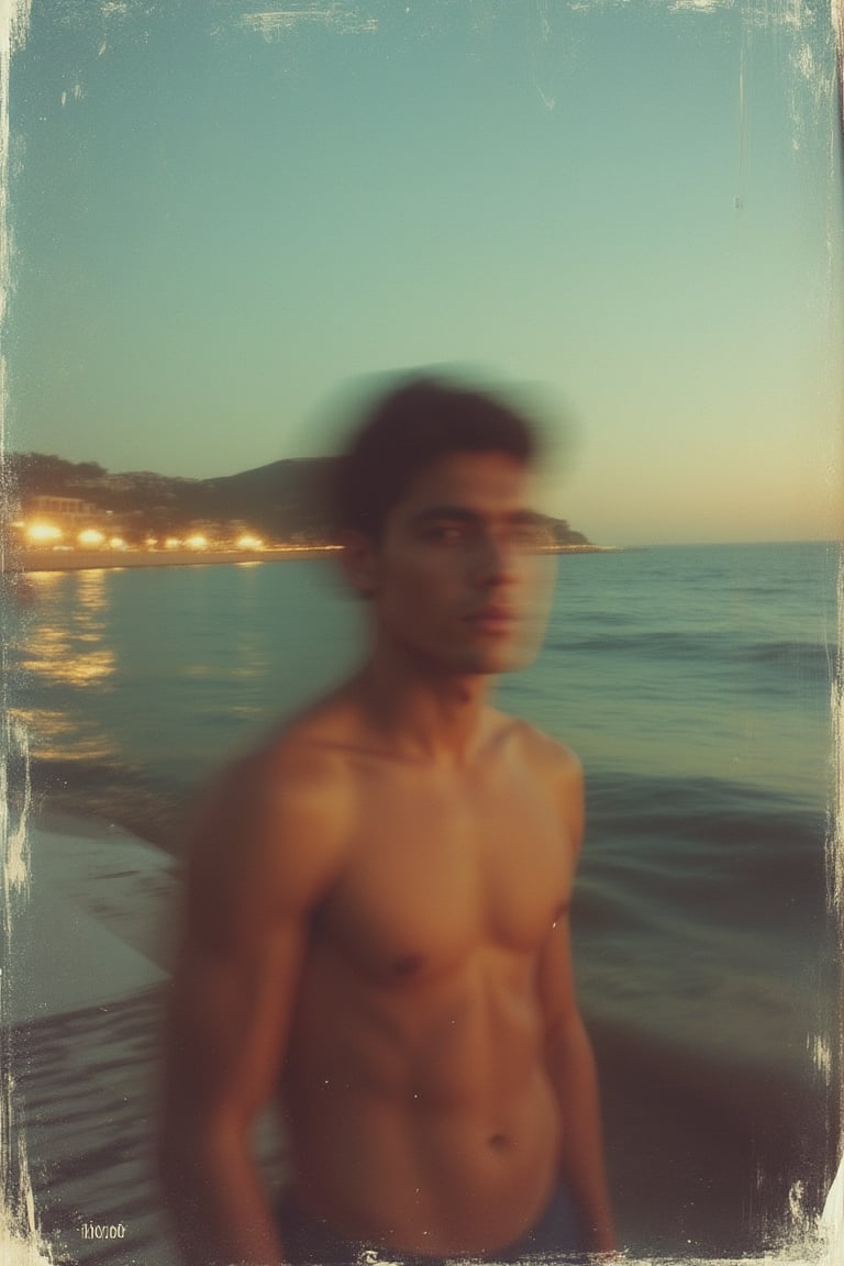 An expired Polaroid photo of a man at the beach at dusk, captured with a camera flash. The scene has a futuristic, romantic vibe with jewel tones. There is motion blur and the image is slightly out of focus, creating a dreamy effect. The night setting is emphasized with ISO 100, adding to the nostalgic, blurred quality.