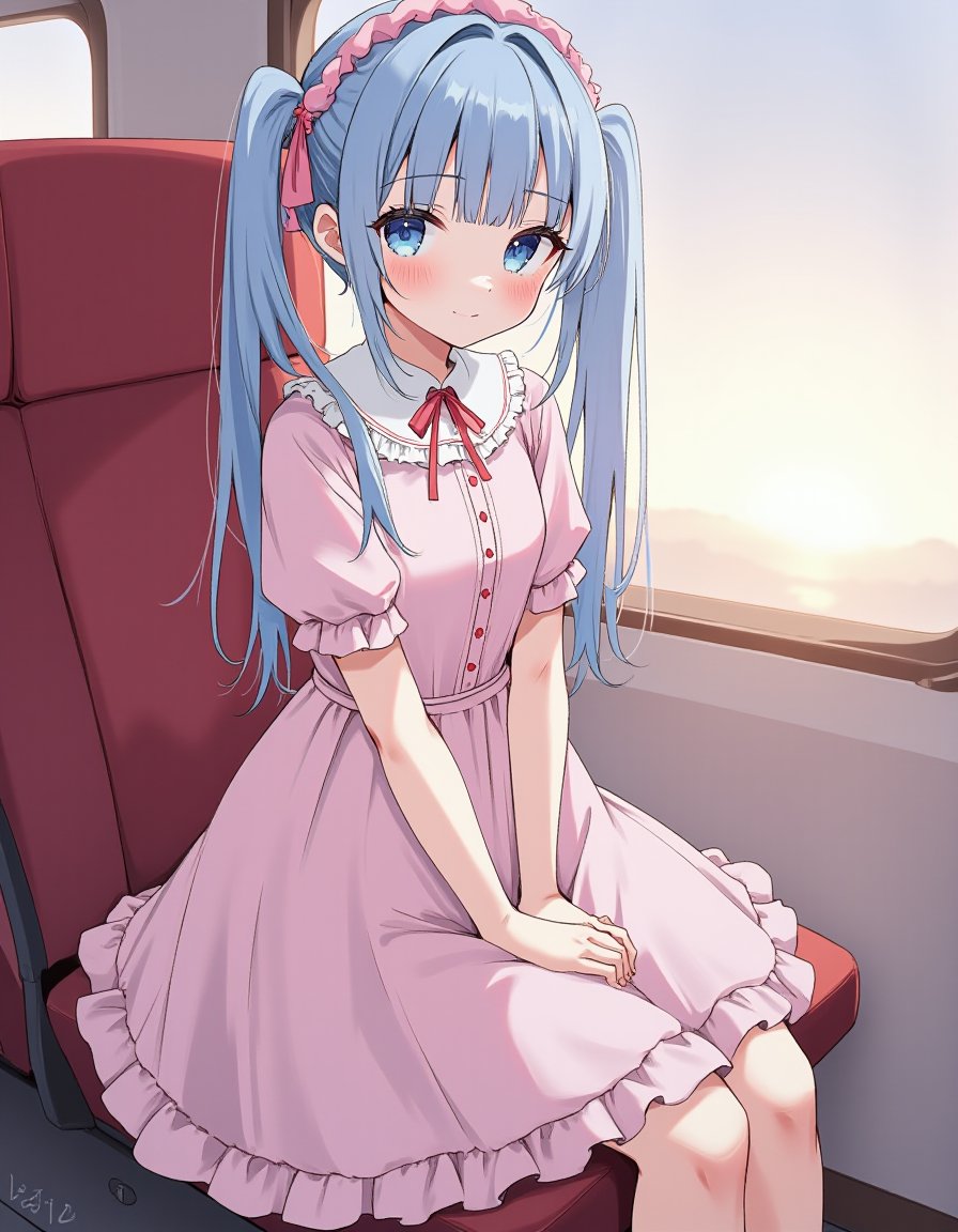 1girl, long straight twintails, hair ribbon, (blue hair:1.2), (blunt bangs:1.2), (blue eyes:1.2), flat chest,
pink lolita fashion, pink frilled skirt, pink short sleeves, pink lolita hairband, pink frills, pink neck ribbon, petticoat, layered skirt,
expressionless, smile, (looking at viewer:1.2),
(A girl sitting on seat:1.2),
train interior, window, sunset,
upper body,