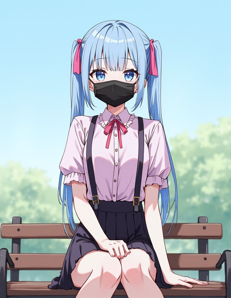 1girl, long straight twintails, hair ribbon, (blue hair:1.2), (blunt bangs:1.2), (blue eyes:1.2), flat chest,
jirai kei, pink frilled shirt, pink shirt, pink collared shirt, black short skirt, suspender skirt, shirt tucked in, short sleeves, long sleeves, puffy sleeves, ribbon, frills, black surgical mask, neck ribbon,
expressionless, smile, (looking at viewer:1.2),
(A girl sitting on bench in a park:1.2),
blue sky, tree, nature,
upper body,