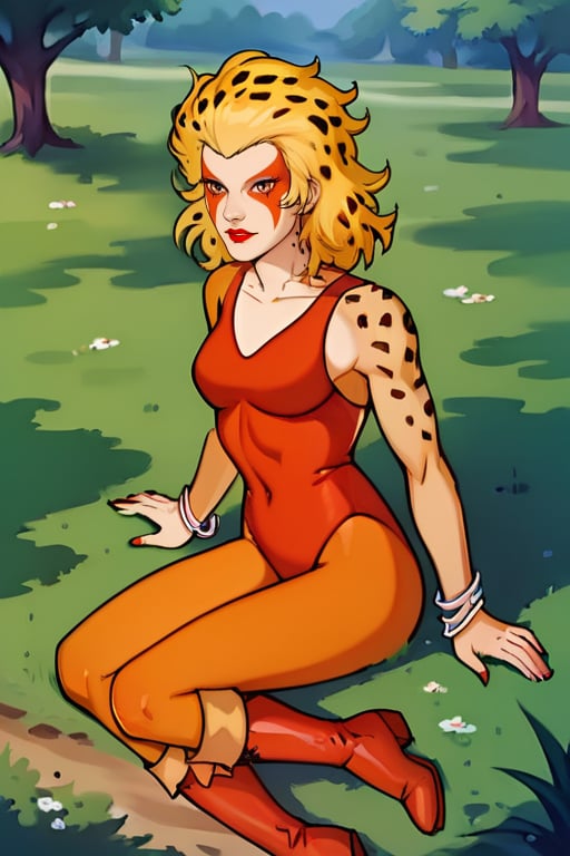 score_9, score_8_up,score_7_up, source_anime, 1girl, , solo, bracelets, red lips, blonde, facial mark, red lips, multi color skin, blond hair,  leopard spot on the hair,  flat colors,  outdoors, medium hair, reddish boots,CheeXL, orange leotard, portrait, sitting on the grass