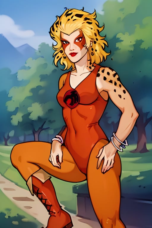 score_9, score_8_up,score_7_up, source_anime, 1girl, , solo, bracelets, red lips, blonde, facial mark, red lips, multi color skin, blond hair,  leopard spot on the hair,  flat colors, contrapposto, outdoors, medium hair, reddish boots,CheeXL, orange leotard, portrait,