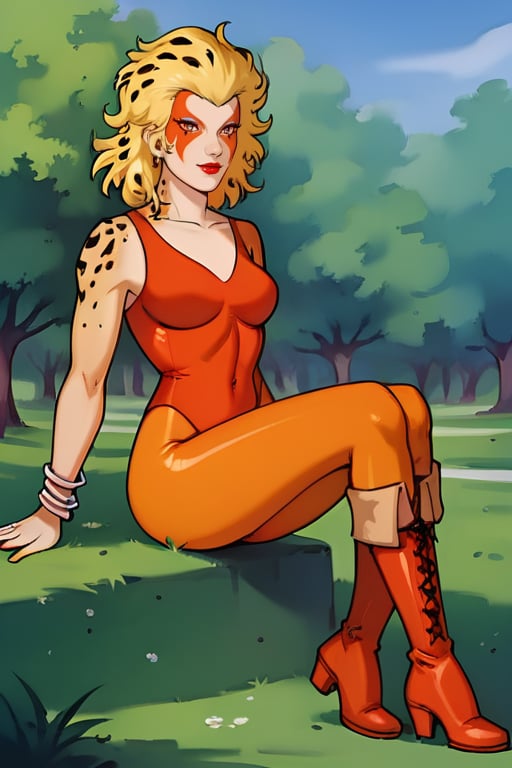 score_9, score_8_up,score_7_up, source_anime, 1girl, , solo, bracelets, red lips, blonde, facial mark, red lips, multi color skin, blond hair,  leopard spot on the hair,  flat colors,  outdoors, medium hair, reddish boots,CheeXL, orange leotard, portrait, sitting on the grass