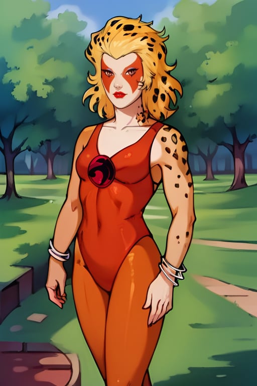 score_9, score_8_up,score_7_up, source_anime, 1girl, , solo, bracelets, red lips, blonde, facial mark, red lips, multi color skin, blond hair,  leopard spot on the hair,  flat colors, contrapposto, outdoors, medium hair, reddish boots,CheeXL, orange leotard, portrait,