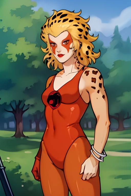 score_9, score_8_up,score_7_up, source_anime, 1girl, , solo, bracelets, red lips, blonde, facial mark, red lips, multi color skin, blond hair,  leopard spot on the hair,  flat colors, contrapposto, outdoors, medium hair, reddish boots,CheeXL, orange leotard, portrait,