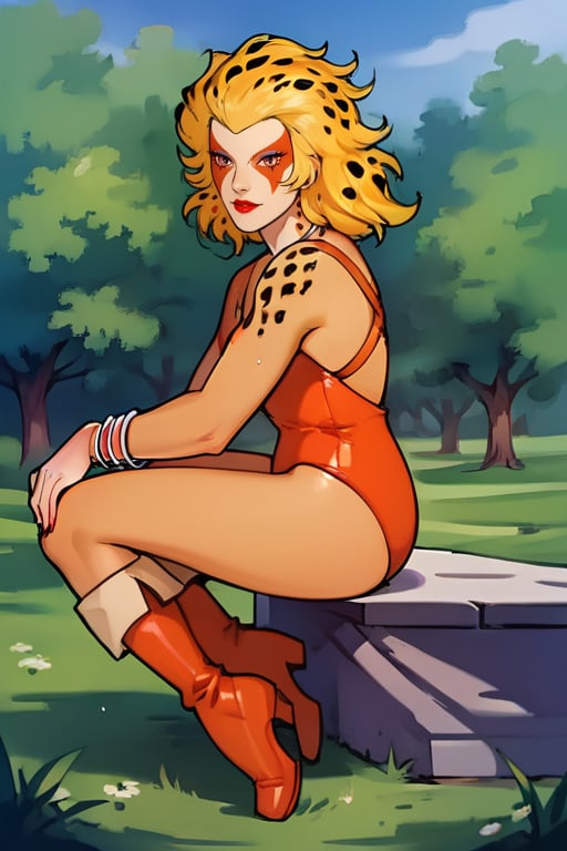 score_9, score_8_up,score_7_up, source_anime, 1girl, , solo, bracelets, red lips, blonde, facial mark, red lips, multi color skin, blond hair,  leopard spot on the hair,  flat colors,  outdoors, medium hair, reddish boots,CheeXL, orange leotard, portrait, sitting on the grass