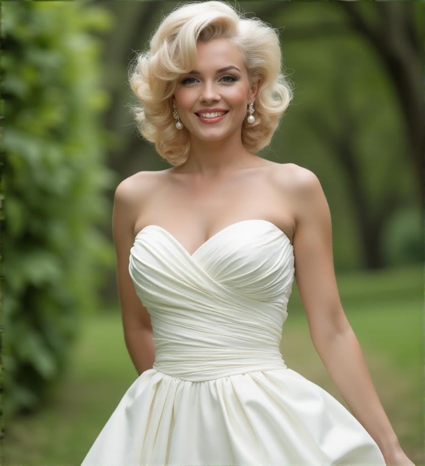 80mm lens. F2.8. . photography. f/2.8 , bokeh, outdoor,, <lora:marilyn-monroe-flux-m3r1l:1> m3r1l, Strapless mermaid-cut dress with soft pleats and a delicate satin texture on the upper part