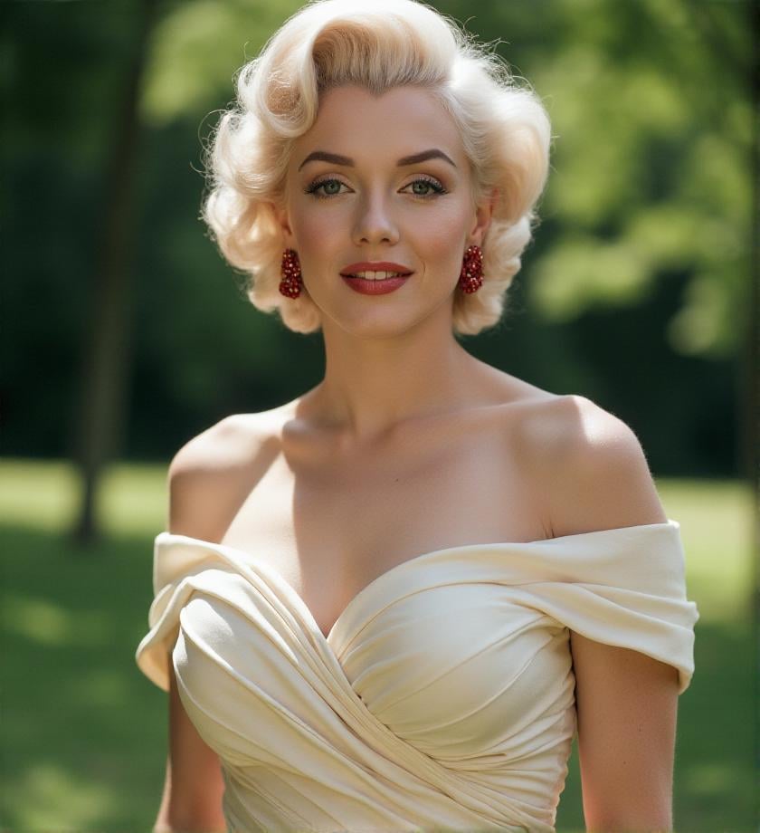 80mm lens. F2.8. . photography. f/2.8 , bokeh, outdoor,, <lora:marilyn-monroe-flux-m3r1l:1> m3r1l, A 1950s dress with a sweetheart neckline and form-fitting satin-like fabric elegantly wrapping around the bust