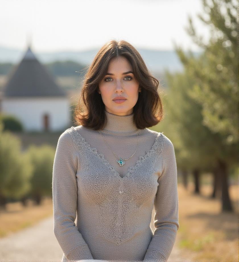 80mm lens. F2.8. . photography. f/2.8 , bokeh, outdoor, standing, Intricate,  Summer turtleneck in pearl gray organic cotton,  A rural landscape of Apulia, with the typical white stone trulli nestled among ancient olive groves and dry-stone walls marking the fields, <lora:isabelle-adjani-flux-1s0b4:1> 1s0b4