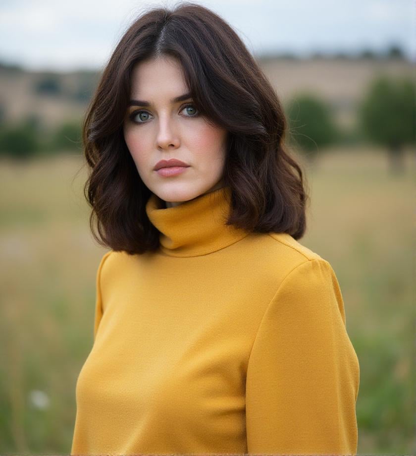 80mm lens. F2.8. . photography. f/2.8 , bokeh, outdoor, standing, Intricate,  Summer turtleneck in mustard yellow linen-cotton blend, with a delicate texture and a casual chic style,  A rural landscape of Apulia, with the typical white stone trulli nestled among ancient olive groves and dry-stone walls marking the fields, <lora:isabelle-adjani-flux-1s0b4:1> 1s0b4