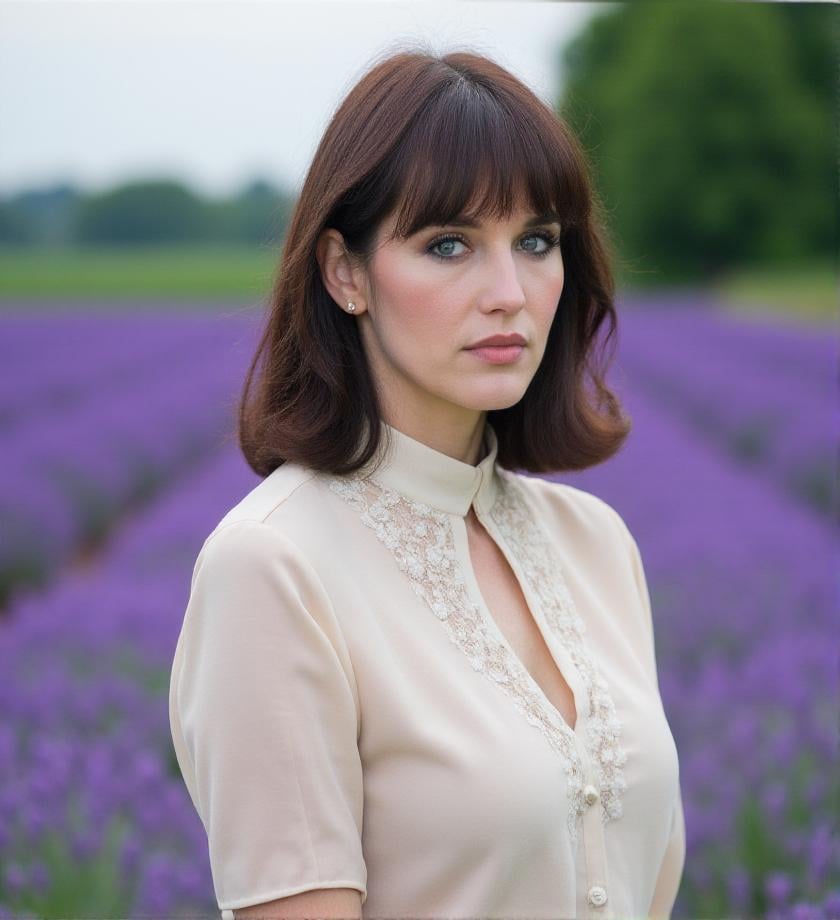 80mm lens. F2.8. . photography. f/2.8 , bokeh, outdoor,,  standing, Short-sleeved turtleneck in cream-colored silk, with embroidered details on the collar and a touch of understated elegance.   A lavender field in full bloom, <lora:isabelle-adjani-flux-1s0b4:1> 1s0b4