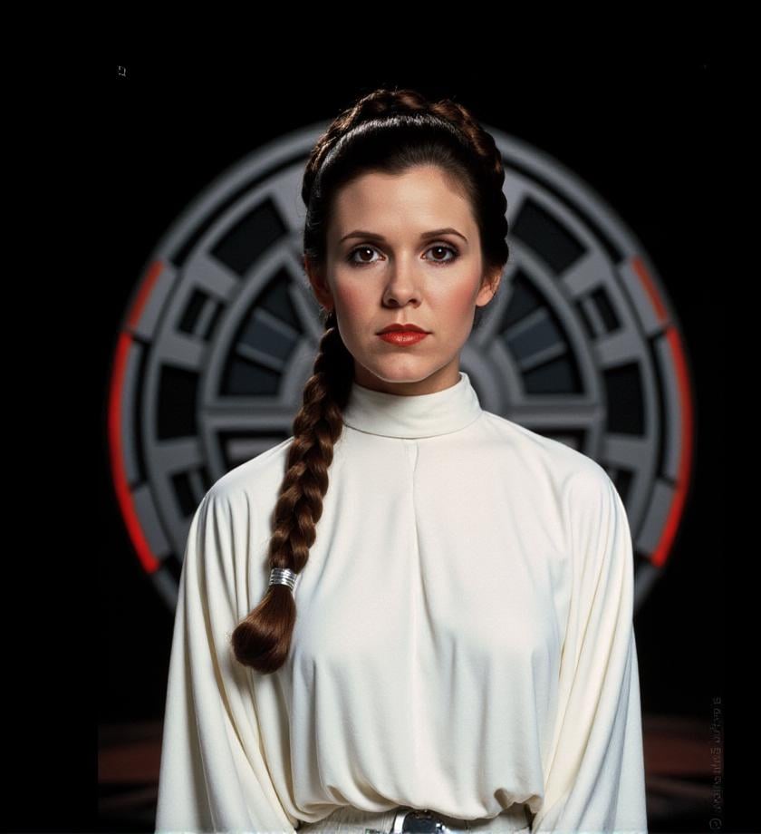 <lora:princess-leia-flux-p3r1n:1> p3r1n, face, white dress, star wars style background