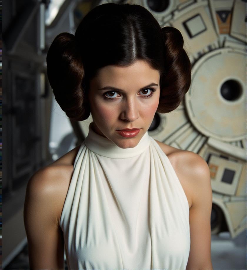 <lora:princess-leia-flux-p3r1n:1> p3r1n, face, white dress, star wars style background, millennium falcon