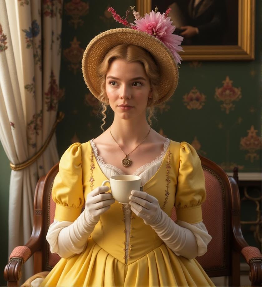 <lora:emma-woodhouse-flux-3mr4:1> 3mr4, Victorian style dress, outdoor , sipping tea, sitting in a sumptuous hall, yellow dress, with typical Victorian embroidery, hearth, soft and warm light, smile, hat with flowers