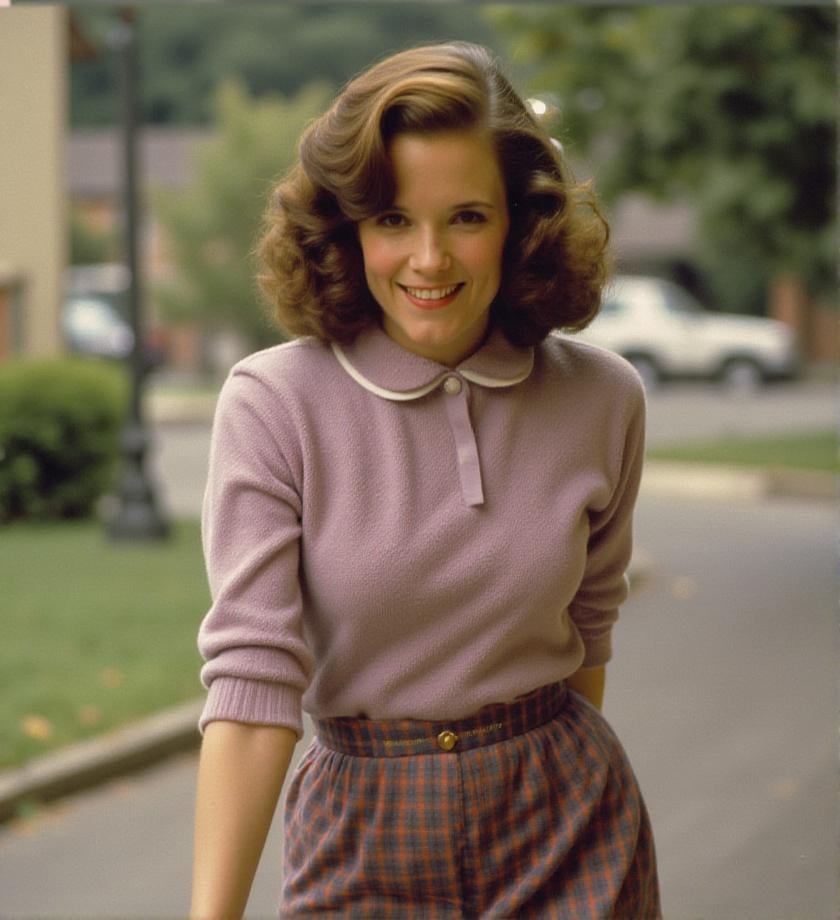 <lora:lorraine-baines-mcfly-flux-l0m4f:1> l0m4f, outdoor, skirt, back to the future