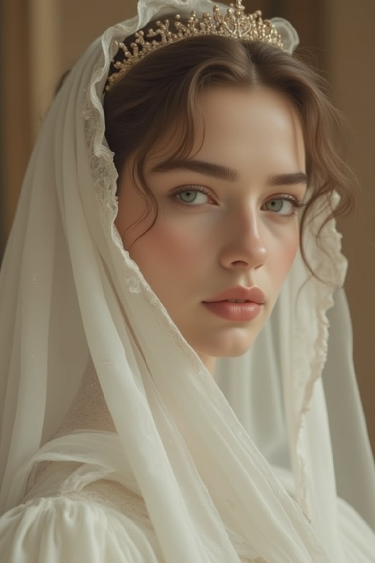 A Byzantine style girl in monastery, white head-cloths and veils. (masterpiece, top quality, best quality, official art, beautiful and aesthetic:1.2), (1girl:1.4), portrait, extreme detailed, highest detailed, simple background, 16k, high resolution, perfect dynamic composition, bokeh, (sharp focus:1.2), super wide angle, high angle, high color contrast, medium shot, depth of field, blurry background