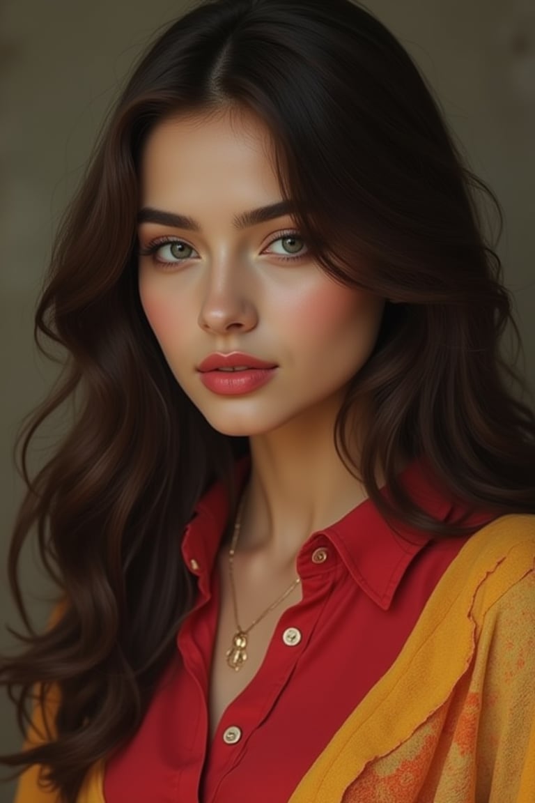 a young Asian woman with long dark brown hair is stunning. She is wearing a gold necklace, a red button-down shirt, and a yellow and orange shawl. The background is blurred, creating a soft focus on the woman's face. The woman's eyes are a piercing blue, and her lips are a darker pink. Her hair is cascading down her shoulders, adding a pop of color to her face.