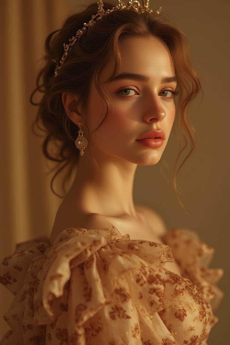 A portrait of a Byzantine style girl with golden background. (masterpiece, top quality, best quality, official art, beautiful and aesthetic:1.2), (1girl:1.4), portrait, extreme detailed, highest detailed, simple background, 16k, high resolution, perfect dynamic composition, bokeh, (sharp focus:1.2), super wide angle, high angle, high color contrast, medium shot, depth of field, blurry background,,itacstl