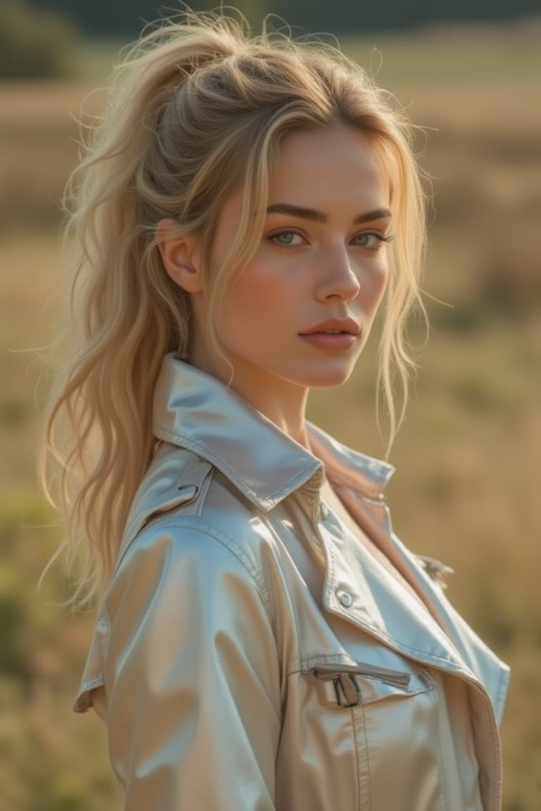 a beautiful scandinavian model, she is wearing a short mirror silver pvc trench coat, very long straight blonde hair, with luscious curly blonde hair stands in a sun-dappled clearing. With an inviting smile, she gazes directly at you, her lips slightly parted in anticipation. As a gentle breeze tousles her ponytail, she exudes an effortless allure, the vibrant colors of nature serving as the perfect backdrop to her radiance.ty.