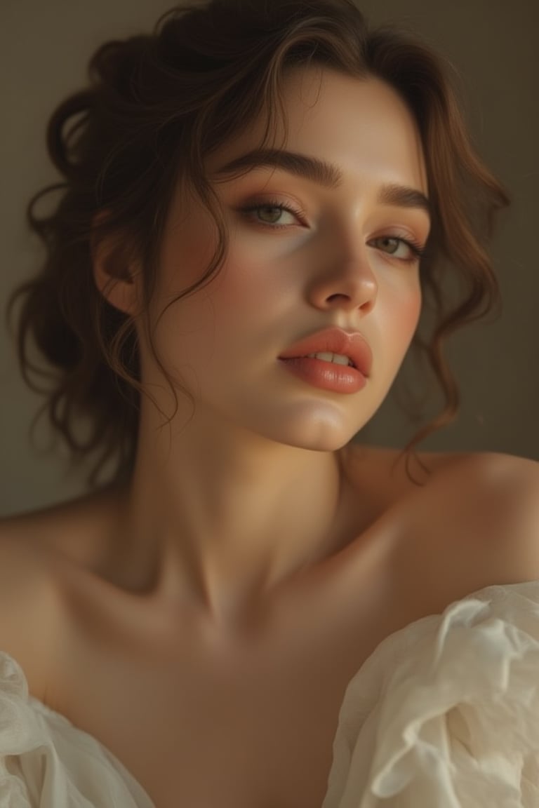 A stunning portrait of a single girl, exuding elegance and sophistication. She sits in a simple yet striking high-angle composition, with a 16k resolution that showcases her intricate features. The subject's eyes are the focal point, rendered in razor-sharp detail, as the rest of the background softly blurs away. A beautiful bokeh effect adds depth to the image, with a subtle color contrast that highlights her porcelain skin and luscious locks. The overall aesthetic is breathtakingly beautiful, a true masterpiece of artistry.