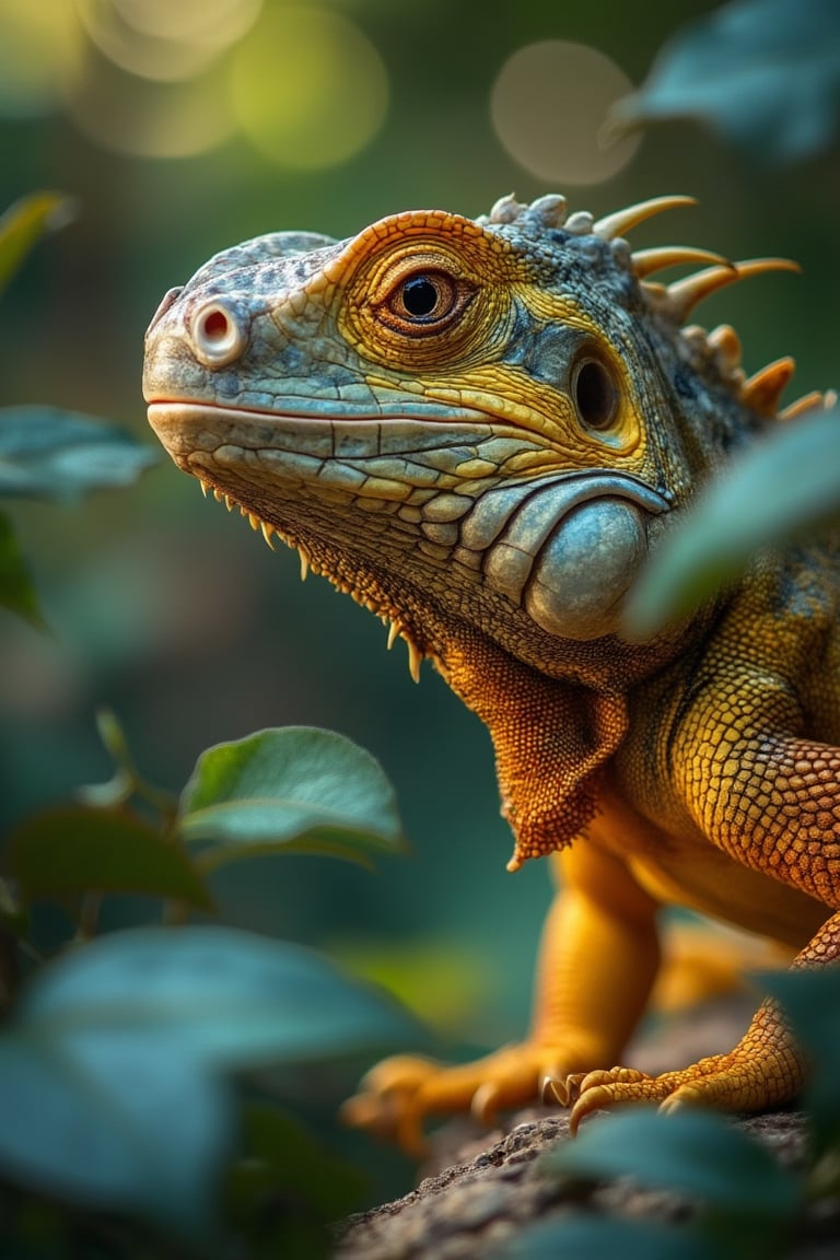 A high-resolution DSLR micro image of an iguana, capturing its intricate scales and detailed features. The iguana's eyes are sharp and alert, with its mouth slightly open. Soft, diffused natural light highlights the textures and colors of its skin. The composition tightly frames the iguana's head, with a slight depth of field blurring the background, focusing attention on the reptile's unique characteristics.