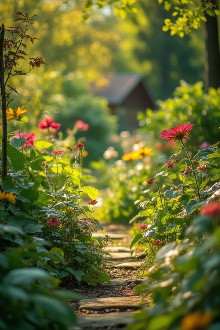 A high-resolution DSLR image of a garden, captured from a ground view perspective. The scene features a lush, vibrant garden with a variety of flowers, plants, and foliage. Soft, natural lighting illuminates the garden, casting gentle shadows and highlighting the textures and colors. The composition emphasizes the close-up details of the plants, with a slight depth of field blurring the background, creating a sense of depth and immersion in the garden's beauty.