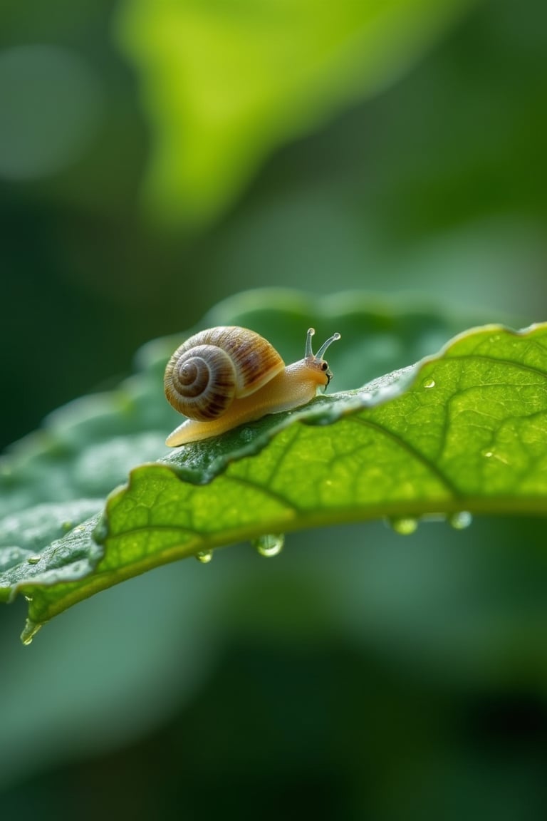 A high-resolution DSLR image capturing a micro close-up of a snail on a leaf. The snail's delicate shell and soft body are intricately detailed, with dewdrops glistening on the leaf. Soft, diffused natural light enhances the textures and colors, creating a serene atmosphere. The composition tightly frames the snail, with the leaf's edge gently curving around it, focusing attention on the tiny creature.