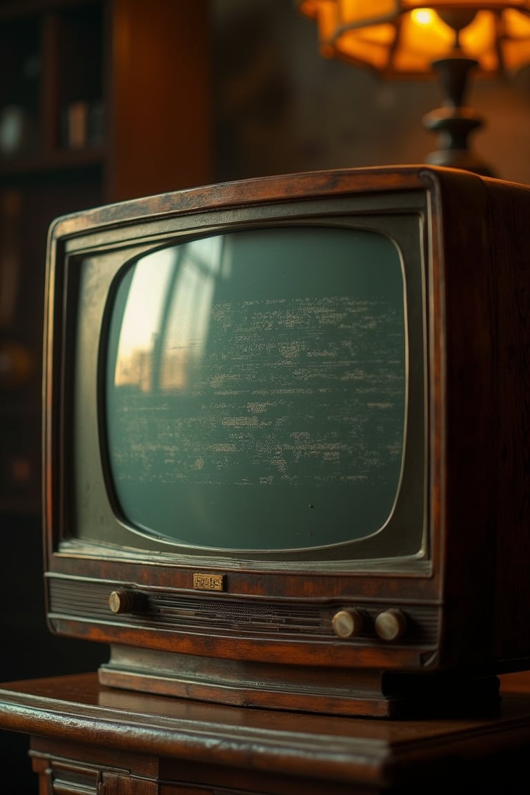 A high-resolution DSLR image of an old model television, capturing its vintage design and details. The television has a wooden cabinet with curved edges, and a black-and-white screen displaying static. Soft, warm lighting highlights the textures and patina of the wood. The composition frames the television prominently, with a slight depth of field blurring the background, focusing attention on the nostalgic piece of technology.