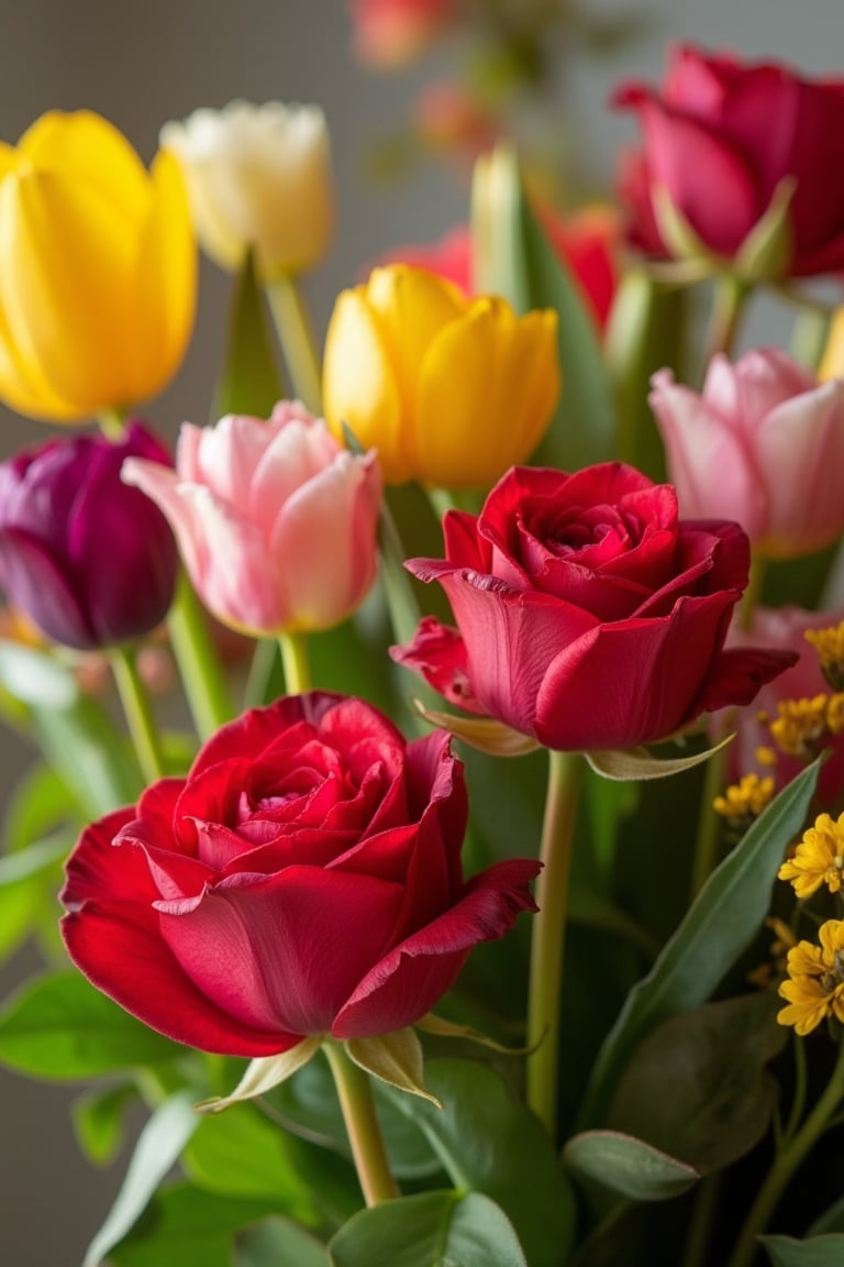 A high-resolution DSLR image showcasing a vibrant bouquet of roses and tulips. The flowers are arranged elegantly, with the roses in deep reds and pinks, and the tulips in bright yellows and purples. Soft, natural lighting enhances the textures and colors of the petals. The composition frames the bouquet prominently, with a slight depth of field blurring the background, focusing attention on the beauty and detail of the flowers.