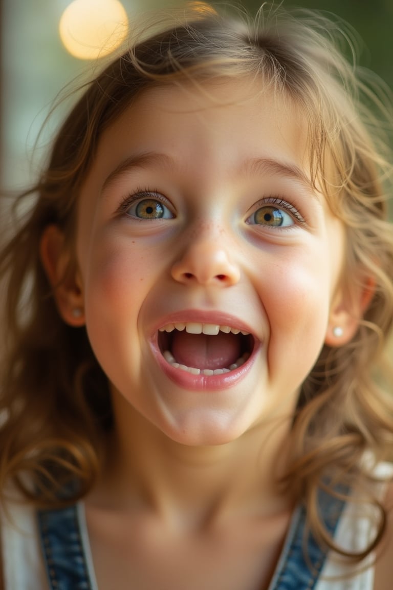 A high-resolution DSLR close-up image of a cute girl with an excited expression. Her eyes are wide open, and her mouth is slightly agape, revealing a genuine smile. Soft, natural lighting illuminates her face, enhancing her youthful glow. The composition tightly frames her face, capturing every detail of her joyful expression, with a blurred background to maintain focus on her excitement.