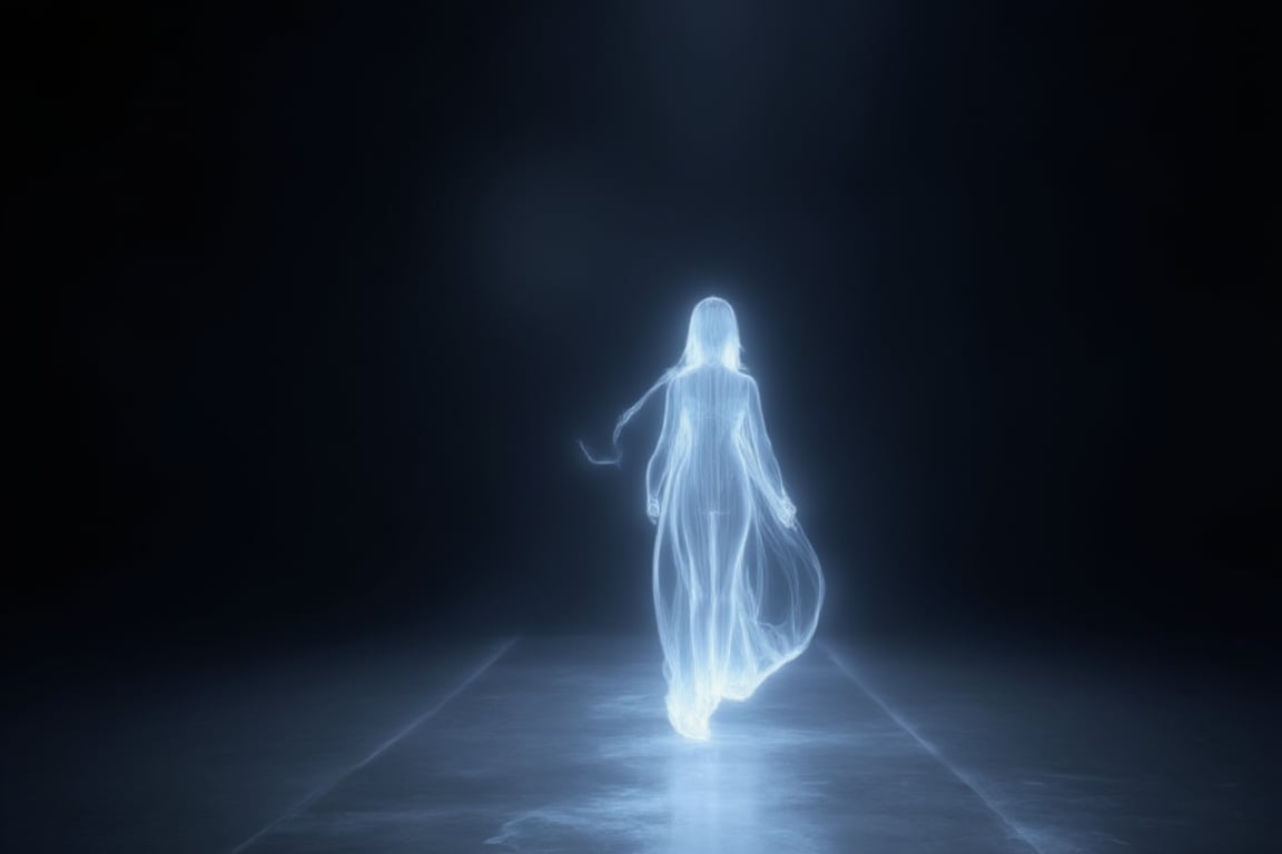 A dreamlike tableau: A translucent woman en pointe glides across the lunar-lit walkway, her diaphanous form glowing like a spectral apparition against the inky blackness. Her flowing gown billows behind her, rustling softly as she moves with an unearthly grace, surrounded by an inky void that highlights her radiant presence. The night's hush is broken only by the whisper-soft rustle of her garments, as the moon casts a silver spotlight on this mystifying scene.