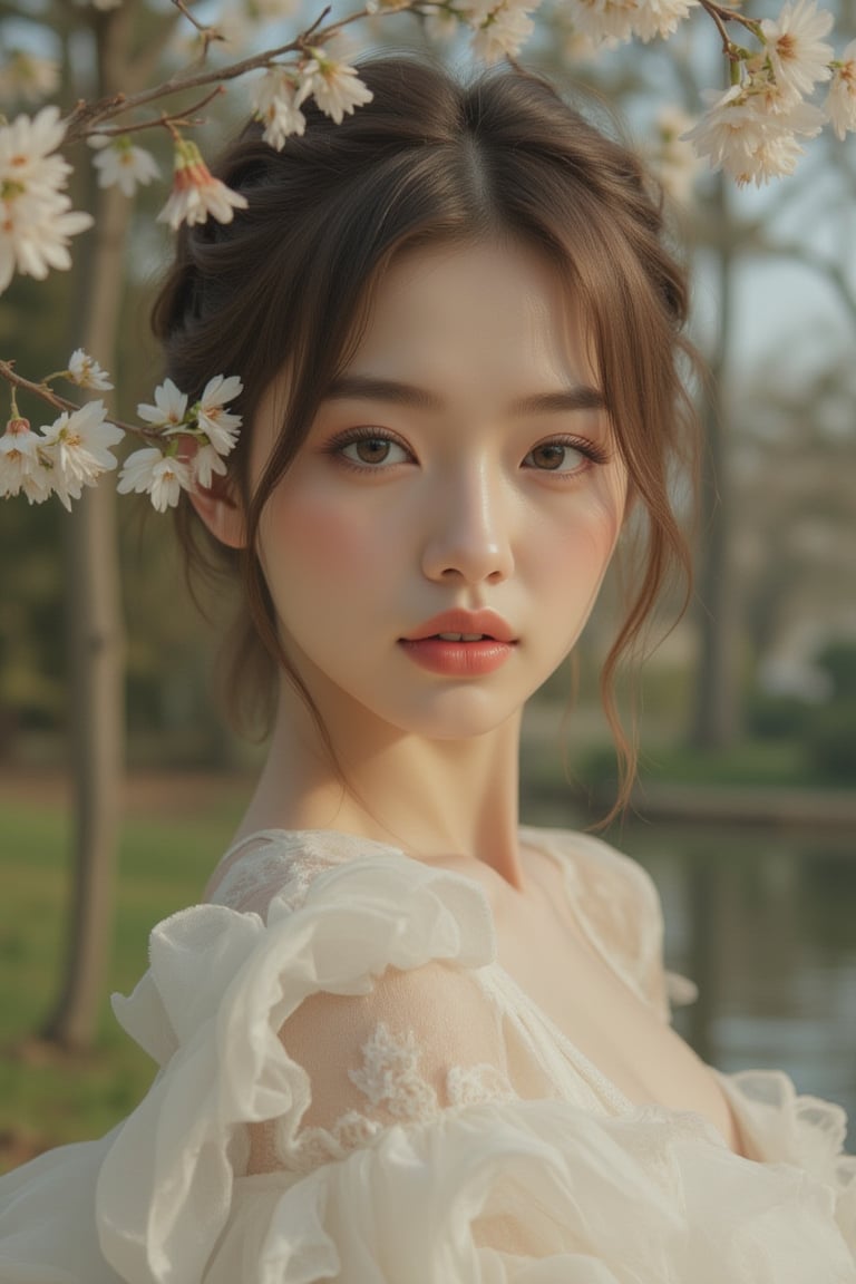 A serene and delicate portrait of an individual's visage, set amidst a picturesque spring landscape. The subject's ultra-detailed features - eyes, mouth, hands, and clothes - are rendered with utmost precision. Amidst the lush forest and meandering rivers, their gentle expression radiates harmony. In the background, symmetrical intricate details and sharpened scenery converge to create an immersive atmosphere, reminiscent of a best-quality impressionist masterpiece.,Enhanced all,luxury style,babe