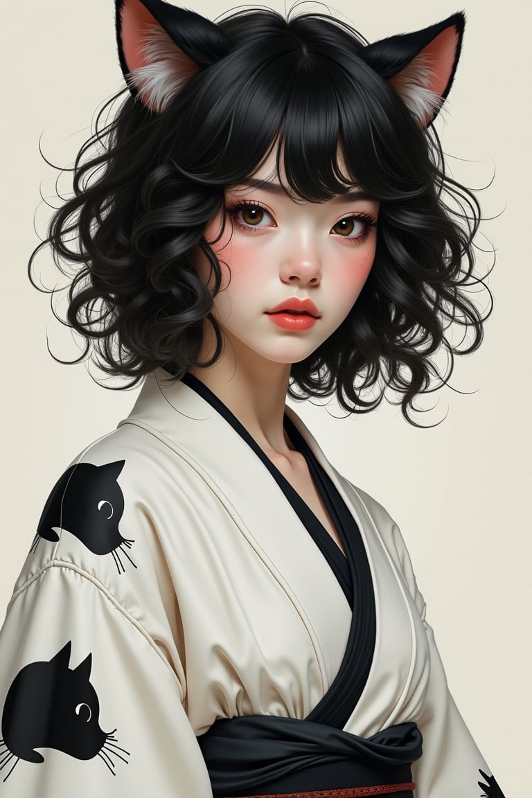 (full body portrait of a Japanese girl in the style of Conrad Roset, Nicola Samori), (shiny black curly hair, cat ears), (pure white kimono:1.6), (black, cat print:1.5), more detail XL