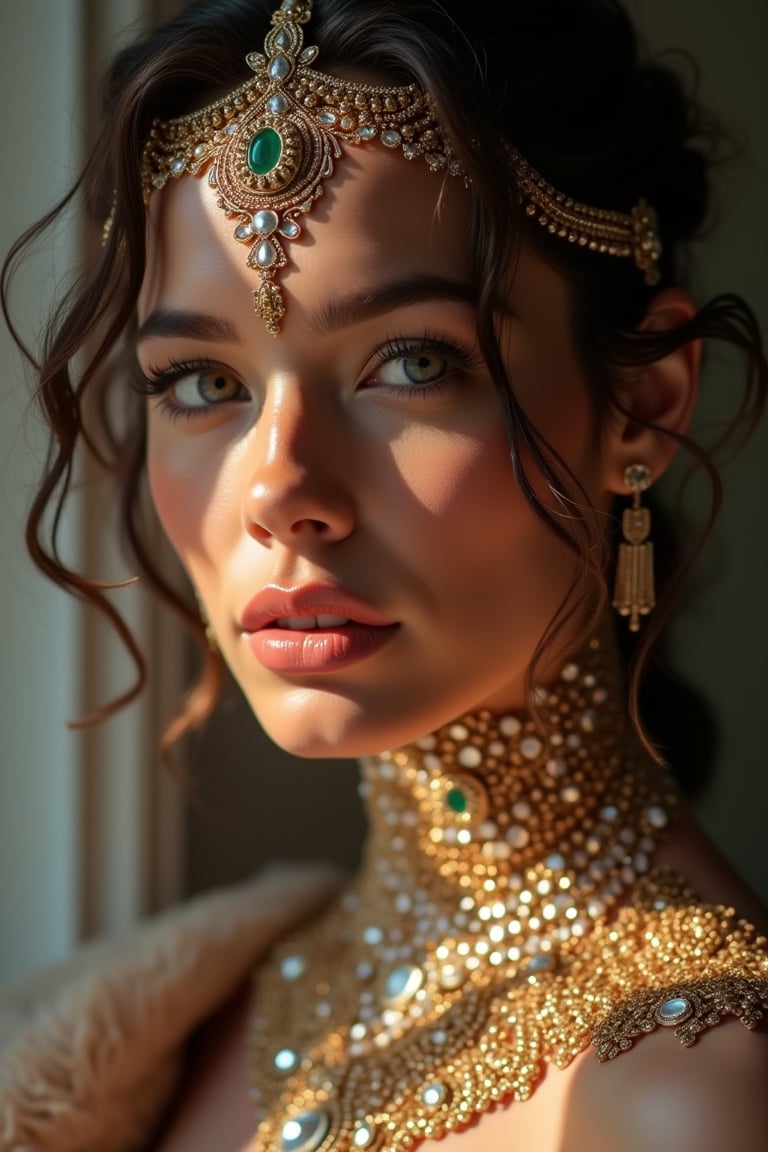 hot sexy female model, wearing ornate body jewelery suit. soft silky cat fur,  glamour shot, diamond lights, face close up, 4k, ultra sharp, ultra detail
,REALISTIC