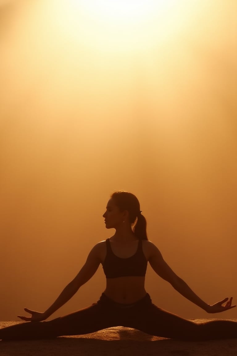 A serene Virabhadrasana pose is captured against a soft, subtle gradient background, bathed in warm light from above. The yogi's face glows with calmness and inner peace as they stretch their right leg back and left arm forward, while their other leg bends slightly into a lunge. The blurred surroundings fade into the background, drawing attention to the meditative figure's peaceful pose.