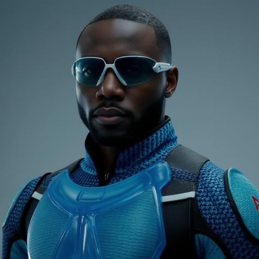 An African American man wearing an A-Tr4in Costume, The costume is nice with intricate patterns, including a mesh-like texture on the shoulders pad with the letter "A" written on it and a transparent glass like chest protector and it is nicely paired with a sleek, blue-tinted A-Tr4in sunglasses