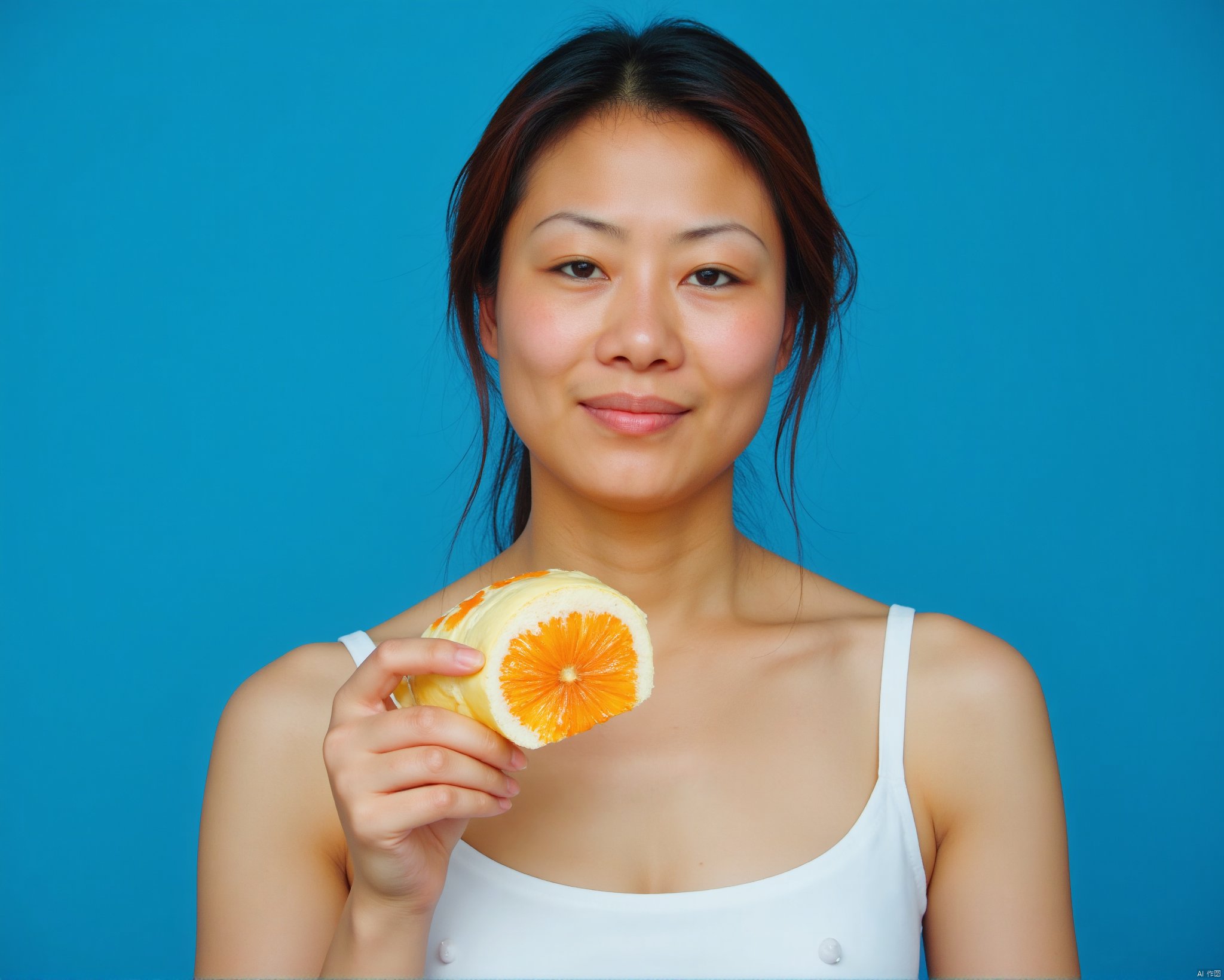 Bread portrait of a girl, blue background, single person