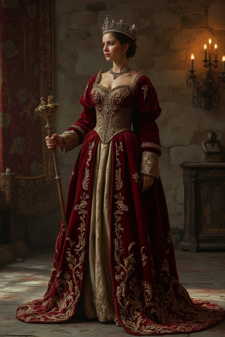 A medieval princess, standing regally in a grand castle hall, wearing a flowing velvet gown with intricate gold embroidery. The room is illuminated by the warm glow of torchlight, casting long shadows on the stone walls. The princess holds a scepter in one hand, her posture confident and composed. The composition is centered, with the princess as the focal point, surrounded by ornate tapestries and ancient artifacts.