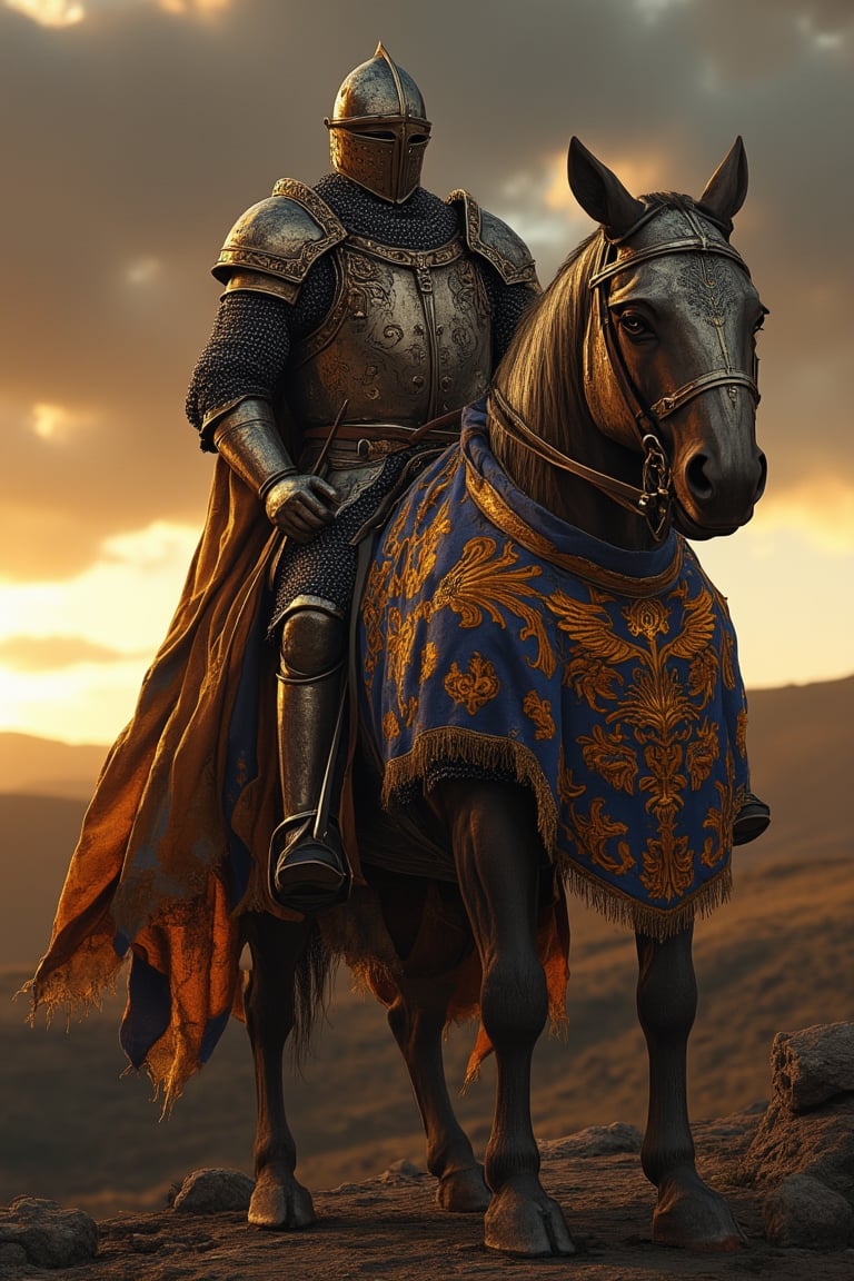 A medieval warrior in full plate armour, mounted on a powerful warhorse, standing in a rugged battlefield. The warrior's armour is intricately detailed with engravings and polished to a reflective sheen. The horse is equally armoured, with a barding covering its body. The scene is illuminated by the golden light of the setting sun, casting long shadows across the field. The warrior holds a gleaming lance, ready for combat, with a dramatic sky filled with dark clouds overhead.