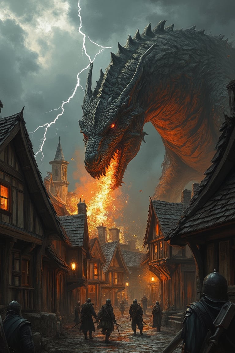 A medieval village under siege, with a massive dragon breathing fire upon wooden houses. The village is in chaos, with warriors in chainmail and villagers fleeing in terror. The dragon's scales are dark and menacing, reflecting the flickering flames. The scene is framed with a wide shot, capturing the entire village and the towering dragon. The sky is a stormy gray, with lightning illuminating the battlefield. Warriors are seen engaging the dragon with swords and spears, while archers take aim from rooftops. The composition is dynamic, with the dragon's fiery breath and the frantic movement of the villagers creating a sense of urgency and danger.