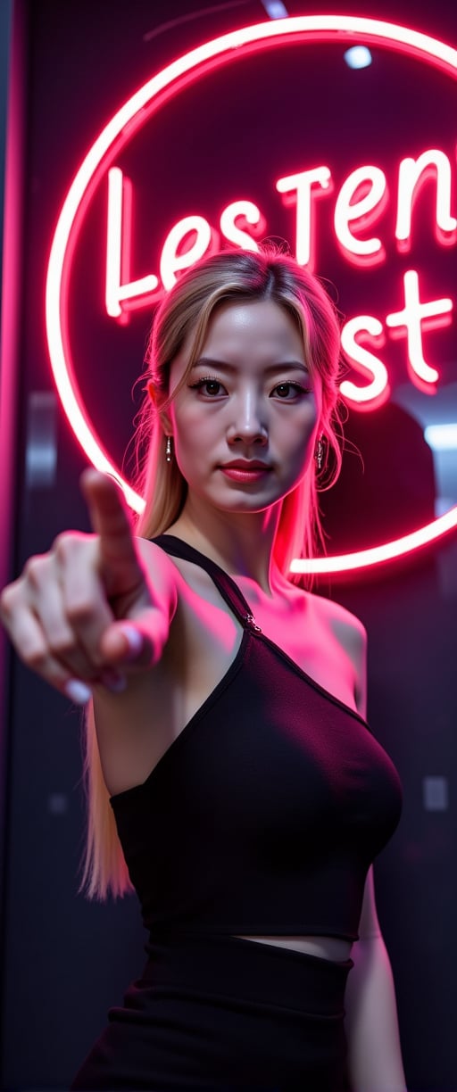 A very beautiful  blonde woman is pointing at the viewer , pointing at a large neon sign that says "New Lora Test". The background is dark gothic  with  dark tones in a Japanese style. Detailed texture, high quality, high resolution, high precision, realism, color correction, good lighting settings, harmonious composition, Behance work, watercolor, text, the text is "",ct-kjbp,ct-muun,ct-kbright,ct-lelahh,ct-arix,ct-savaga,ct-leetity,ct-rosity,ct-smeraldity,ct-hyuntity