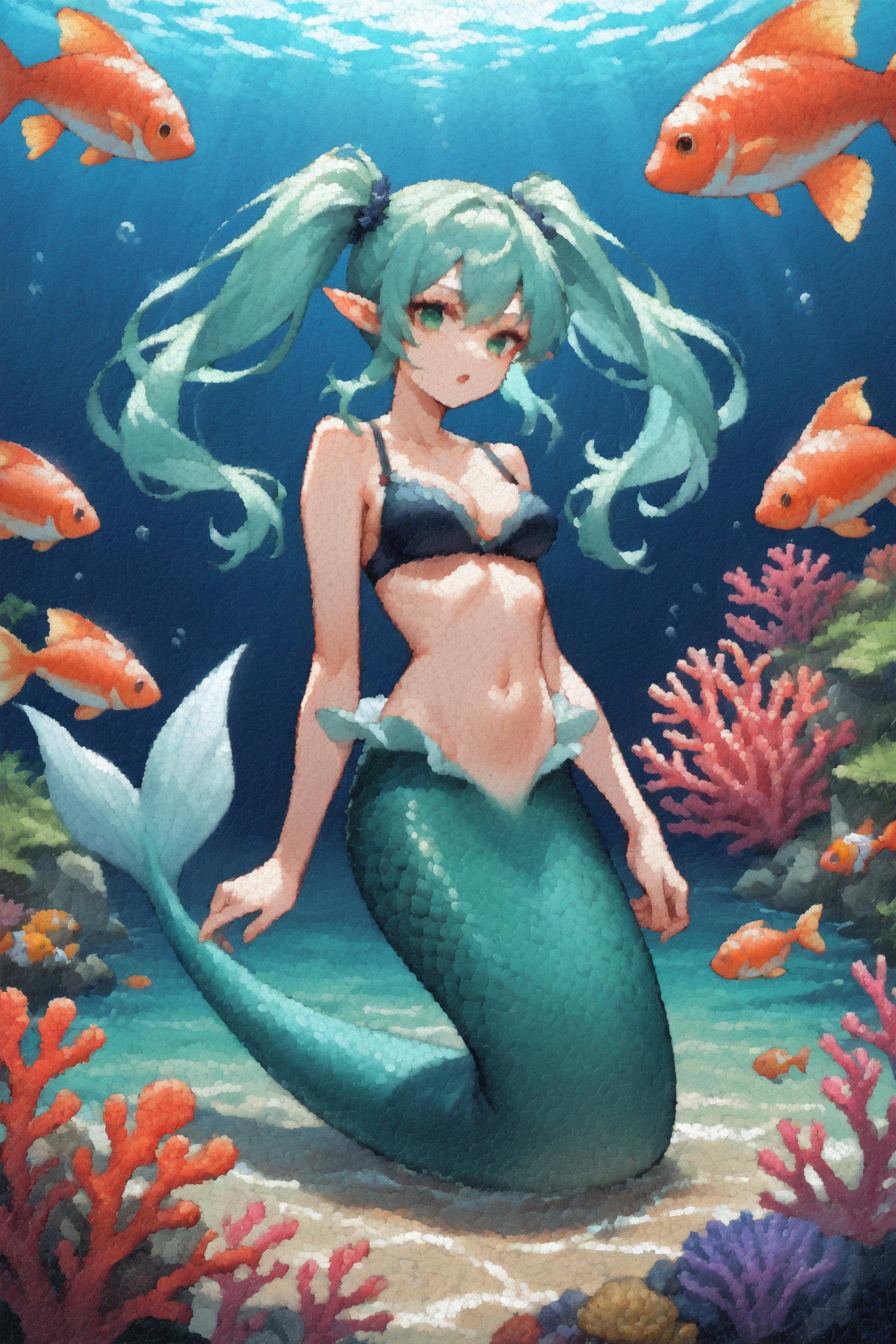 (score_9, score_8_up, score_7_up) BREAK source_anime,pointillism,1girl,solo,aqua hair,green eyes,sparkling pointy ears,long hair,twintails,open mouth,expressionless,medium breasts,bra,mermaid,looking at viewer,full body,outdoors,ocean,fish,coral,sparkle,<lora:pointillism_v1:1>,