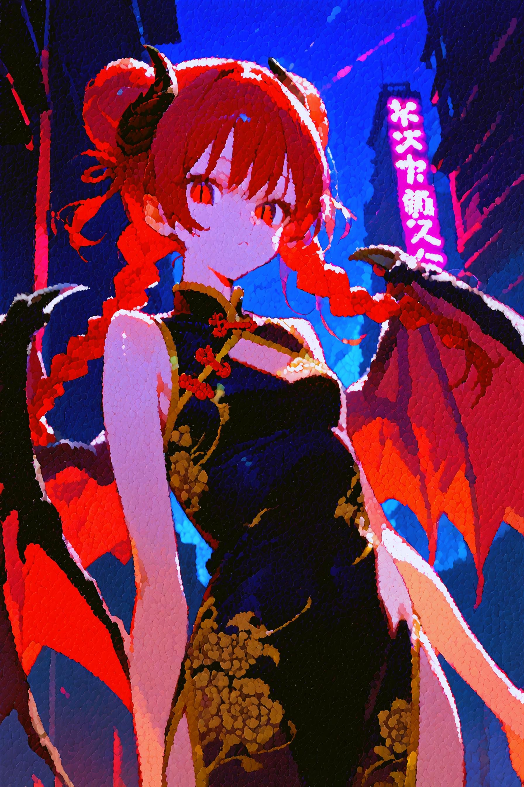 (score_9, score_8_up, score_7_up) BREAK source_anime,pointillism,1girl,solo,red hair,red eyes,slit pupils,dragon horns,long hair,double bun,twin braids,wings,closed mouth,expressionless,chinese clothes,china dress,black dress,looking at viewer,upper body,outdoors,night,neon,neon lights,neon trim,<lora:pointillism_v1:1>,<lora:neon_v1:1>,