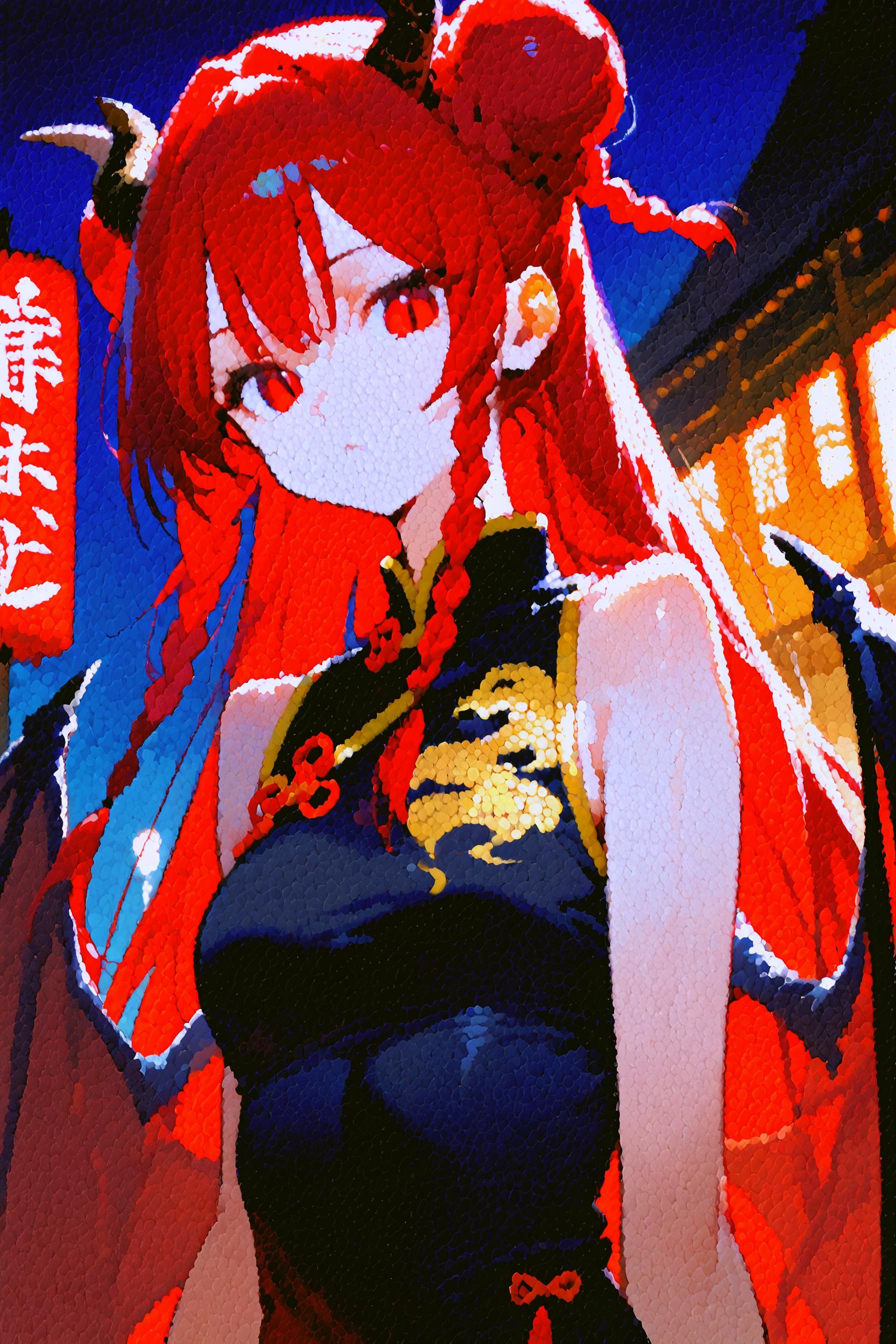 (score_9, score_8_up, score_7_up) BREAK source_anime,pointillism,1girl,solo,red hair,red eyes,slit pupils,dragon horns,long hair,double bun,twin braids,wings,closed mouth,expressionless,chinese clothes,china dress,black dress,looking at viewer,upper body,outdoors,night,neon lights,<lora:pointillism_v1:1>,